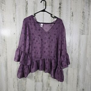 Bongo purple ruffled sheer vneck blouse women's size large